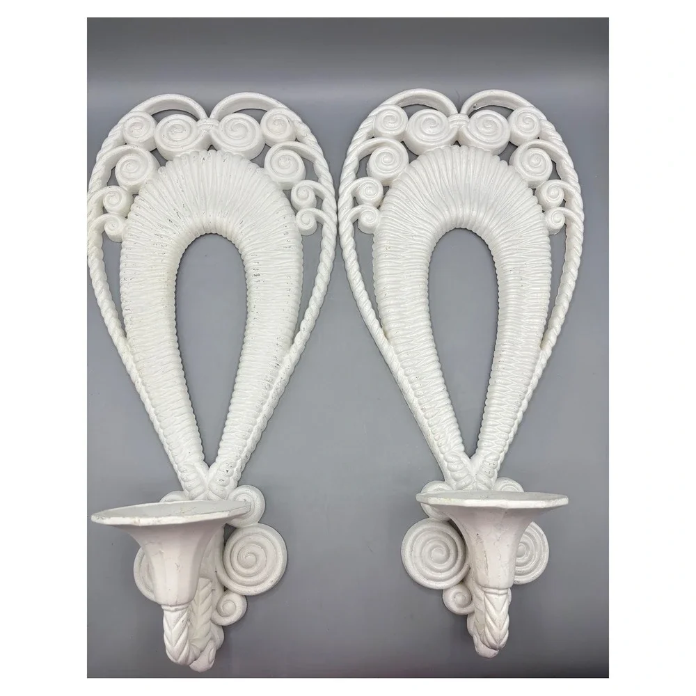 Vintage Syroco White Wall Sconces Pair‎ Hollywood Regency Scroll Candle Holders